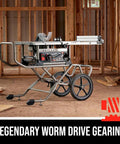 Tough Workhorse 10 Inch Worm Drive Table Saw With Rolling Stand And Precision Fence That Cuts Like Butter For Deep Slicing And Fast Rip Work In Garage Shops on a construction site.