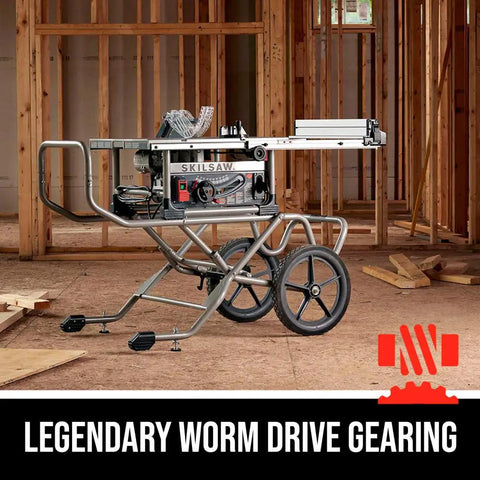 Tough Workhorse 10 Inch Worm Drive Table Saw With Rolling Stand And Precision Fence That Cuts Like Butter For Deep Slicing And Fast Rip Work In Garage Shops on a construction site.