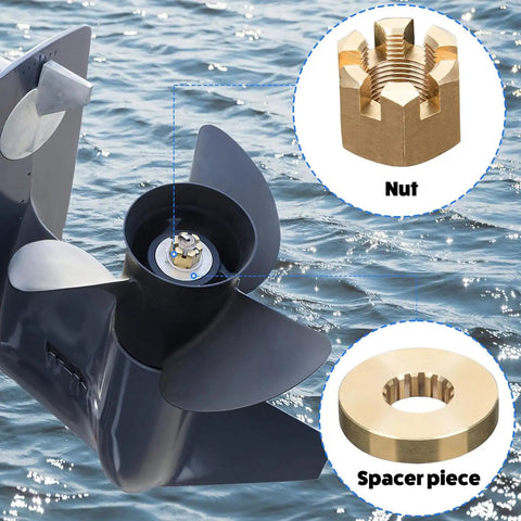 Marine Propeller Installation Hardware Kit For Yamaha Sixty To Eighty Five HP Outboard Motors With No Fuss Thrust Washer Spacer Washer Nut And Cotter Pin Included Four And Three Quarter Inch Gearcase Fifteen Spline Props Upgrade