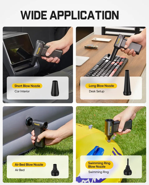B10 Pro Max Cordless Electric Air Duster with 130000 RPM Brushless Motor for PC, keyboard, car, workbench shown in use.