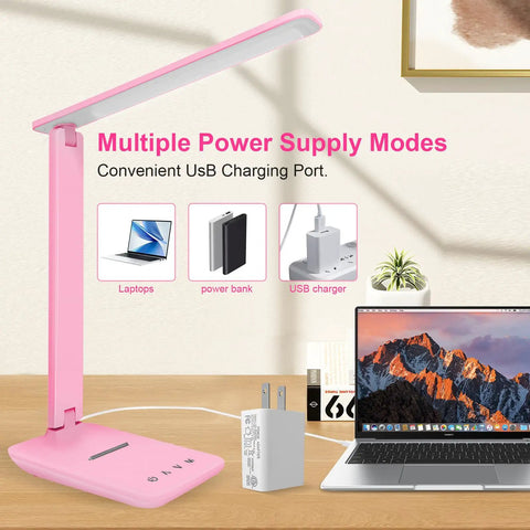 Pink LED desk lamp and USB charger beside a laptop, showcasing multiple power supply modes and charging options.