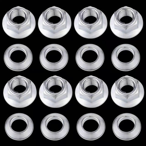 ATV Lockin Lug Nuts Set M10x1.25, 8 Nuts And 8 Tapered Adapters arranged on black background