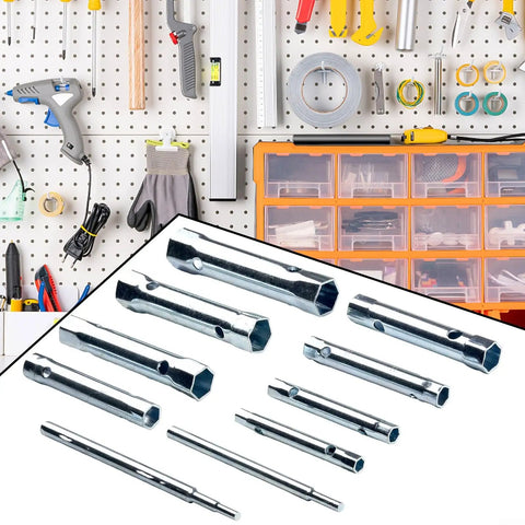 Metric Tube Spanner Set With Hollow Socket Wrenches, 6-22mm Double Ended Carbon Steel Box Spanners For Auto Repair And Plumbing Maintenance, 10-Piece Deep Reach Nut Remover Tool Kit, Pro Grade on a workbench background
