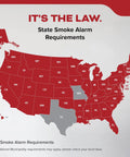 Map of the United States showing state smoke alarm requirements, highlighting regulations for home fire safety.