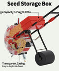 Manual Garden Seeder Hand Push Walk Behind Planter With 7 Nozzles, transparent seed storage box, capacity 8.27 lbs, side view.