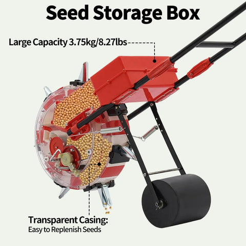 Manual Garden Seeder Hand Push Walk Behind Planter With 7 Nozzles, transparent seed storage box, capacity 8.27 lbs, side view.
