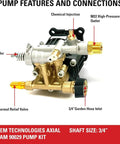 Side view of OEM Technologies 90029 pressure washer pump kit with brass fittings, 3/4 shaft, 3400 PSI, 2.5 GPM