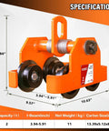 2 Ton Dual Wheel Beam Trolley For 4 To 6 Inch I Beam Flanges Manual Push Hoist Trolley With Dual Track Rollers, orange color