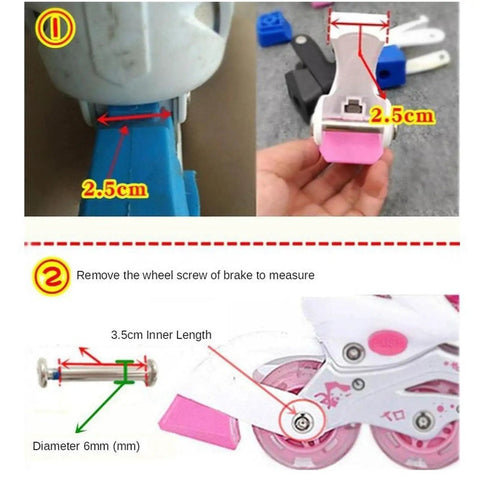 Inline Skate Brake Replacement Kit With PU Rubber Block Easy Install For Roller And Inline Skates Fits Most Brands Durable Stopper Brake For Smooth Braking And Short Stops, showing measurement instructions and brake installation steps.
