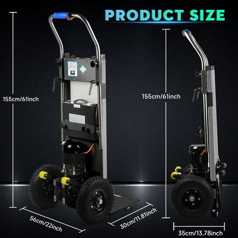 Heavy Duty Electric Stair Climbing Dolly Hand Truck With Smart Motors For Easy Moving, Telescopic Handle And 900 Lb Capacity To Haul Gear Smoothly Up Any Step Without Breaking A Sweat In Black, showcasing size and motor.