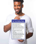 Person holding Hot Tub Safety Rules Sign For Pool Area Outdoor Durable 10x14 Inches Rust Free Aluminum Fade Resistant Made In USA