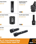 65 Piece 1/2 Inch Drive Impact Socket Set with standard and deep SAE and MM, off corner loading, black oxide finish, laser etched sizes