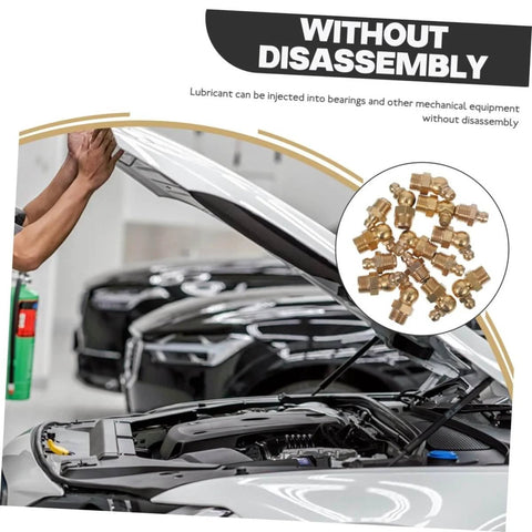 All In One Brass Grease Fittings And Nozzles Kit With Straight And Angled Options For Bearings And Mechanical Equipment Lubrication Easy To Use No Disassembly Required Replacement For Various Applications image of brass fittings and a car engine without disassembly text