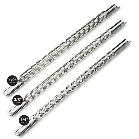 Socket Holder Rail 3 Piece Organizer Set For 1/4, 3/8, And 1/2 Inch Drive Sizes, Built Tough Nickel Plated Steel Clips, Lightweight Build