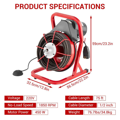 Product specifications of Heavy Duty Electric Drain Snake Machine With 75 Foot Steel Core Cable for home and shop use.