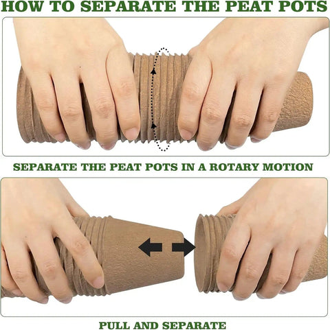 Hands demonstrating how to separate Biodegradable Seedling Pots 120 Pack 3.15 Inch With 30 Plant Labels For Easy Garden Germination Seed Starter Kit