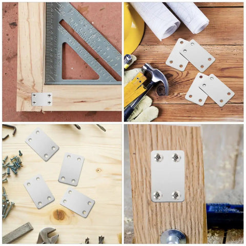 Collage of 20-piece kit Sturdy Stainless Steel Flat Mending Plates With Screws on wood surfaces and tools.