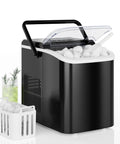 Front view of black DUMOS countertop ice maker with handle and clear lid, bullet ice cubes visible