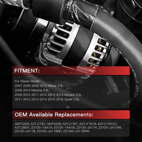 130 Amp V6 3.5L Alternator Replacement For Nissan Altima 2007 2008 2009 2010 Maxima 2009 2010 Murano 2009 2014 Quest 2011 2017 And Saturn Aura 2007 Street-Ready Durable Auto Alternator in engine bay close-up
