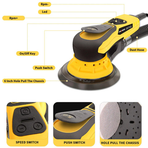 Brushless 350W Random Orbital Sander With 3A Motor, Variable Speed Corded Sander for DIY Woodworking, Instant Stop Safety