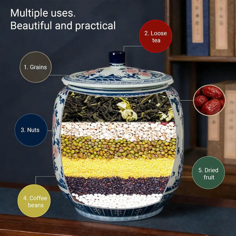 Large Ceramic Rice Jar And Flour Bin With Snap Lock Airtight Lids Authentic Chinese Good Fortune Design showcasing grains, tea, nuts, coffee beans, and dried fruit.