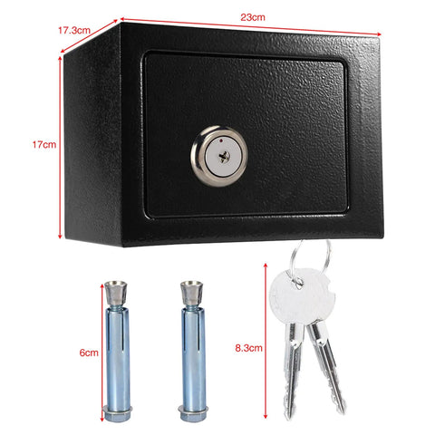 Steel Safe Box With Key Lock For Home And Office Use, Heavy-Duty Anti-Theft Jewelry Cash And Document Storage, shown with keys and screws.