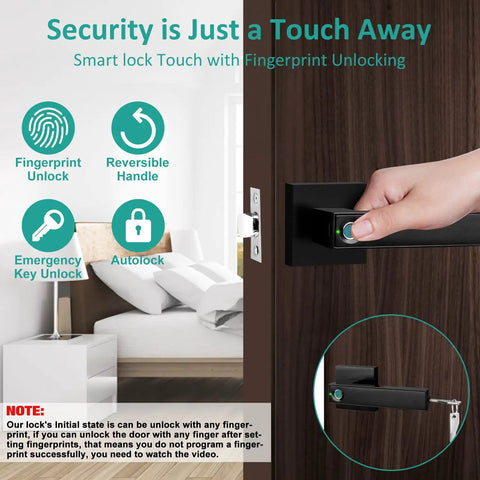 Person using Smart Fingerprint Door Lock With Keyless Entry And Backup Keys Biometric Security For Home Office And Short Term Rentals Black 2 Easy Install Real Time Access Logs Durable Anti Tamper Design on wooden door