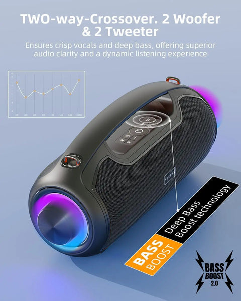 Black 200W Peak Portable Bluetooth Speaker with Deep Bass, IP65 Waterproof, dual woofers, RGB lights visible, side view