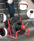 75Ft Electric Drain Auger Machine Auto Feed Snaking Tool For 2 To 4 Inch Pipes with retractable handle and heavy-duty wheels.