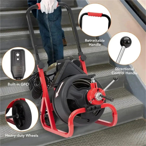 75Ft Electric Drain Auger Machine Auto Feed Snaking Tool For 2 To 4 Inch Pipes with retractable handle and heavy-duty wheels.
