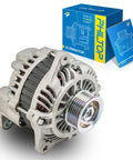 High Output New Alternator Fits 2003 2006 Nissan 350Z 2005 2006 Infiniti G35 2003 2008 Infiniti FX35 2003 2004 Infiniti G35 3.5L V6 And 2004 Nissan Pathfinder Drop In Replacement For Your Ride, side view with packaging