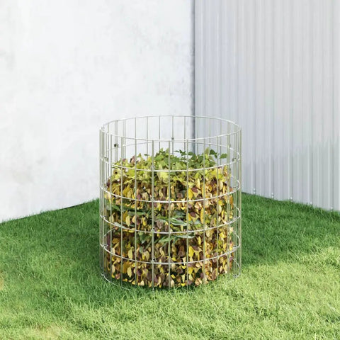 Weatherproof Galvanized Steel Garden Composter With Mesh Design For Air Flow And Quick Decomposition, Ideal For Green Waste Recycling, No Fuss Setup, 19.7 Inch Diameter By 19.7 Inch Tall filled with leaves on grass