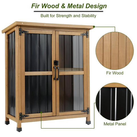 Outdoor Storage Cabinet For Small Spaces Wood And Metal Build with detailed view of doors and material design