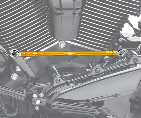 Gold CNC Aluminum Clutch Shift Linkage Rod For Harley Davidson FL Softail And Touring Models Adjustable Bolts 6061 T6 Anodized Finish Fits 86 And Up Ready To Install, side view