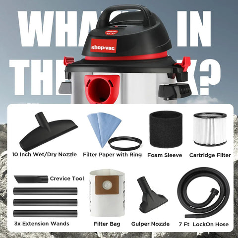 5 Gallon 4.5 Peak HP Wet Dry Vacuum With Stainless Steel Tank Portable Shop Vacuum For Jobsite Garage With Attachments Displayed