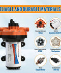 Five Chamber 110V AC Fresh Water Diaphragm Pump With On Demand Pressure Switch showcasing durable components and materials