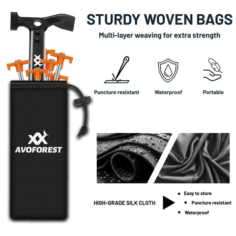 20 Piece Tent Stakes With Camping Hammers and storage bag, shown with orange pegs and black hammer in sturdy woven bag.
