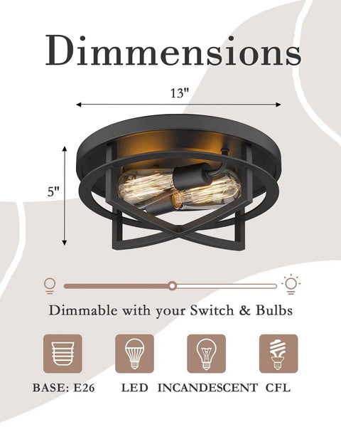 Dimensions diagram of Two-Light Farmhouse Flush Mount Ceiling Light In Black Finish 13 Inch Ceiling Fixture with 5-inch height.