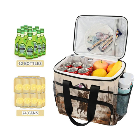 Insulated Lunch Bag With Shoulder Strap, Rugged Cooler Tote for 24 cans and 12 bottles, featuring side mesh pockets and food items inside.