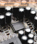 Close-up of circuit board with aluminum capacitors from Massive 630 Piece Aluminum Electrolytic Capacitor Kit With 18 Capacitance Values From 0.1uF To 1000uF, Radial Electrolytic Caps, 10V 16V 25V And 50V, Ideal For DIY Electronics, Repairs And Projects.