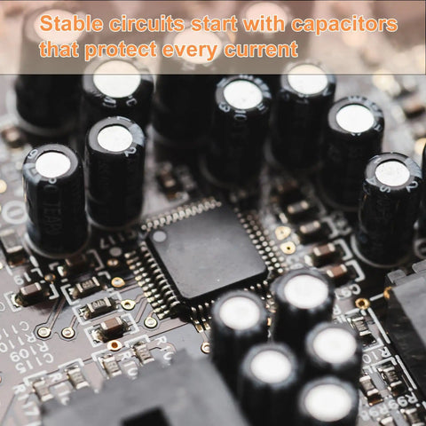 Close-up of circuit board with aluminum capacitors from Massive 630 Piece Aluminum Electrolytic Capacitor Kit With 18 Capacitance Values From 0.1uF To 1000uF, Radial Electrolytic Caps, 10V 16V 25V And 50V, Ideal For DIY Electronics, Repairs And Projects.