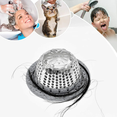 Dome-shaped stainless steel hair catcher for tub and shower drains with silicone rim, preventing hair clogs, focus on top view