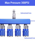 Four Way Air Manifold One Quarter Inch Air Hose Splitter Industrial Quick Connect Fitting With Four Couplers Plug Blue Aluminum Sleeve And Steel Body Nickel Plated Connectors For Heavy Duty Use visible on diagram.