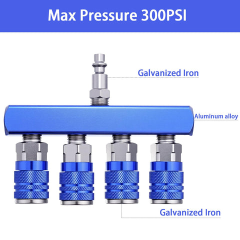 Four Way Air Manifold One Quarter Inch Air Hose Splitter Industrial Quick Connect Fitting With Four Couplers Plug Blue Aluminum Sleeve And Steel Body Nickel Plated Connectors For Heavy Duty Use visible on diagram.