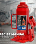 Heavy Duty Ten Ton Hydraulic Bottle Jack Featuring An Adjustable Saddle And Ultra Low Profile Base For Trucks Trailers And Shop Floors Built Like A Tank To Crush Maximum Weight With Zero Sweat On The Highway Or In The Driveway, red steel construction with a compact design.