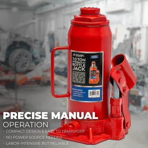 Heavy Duty Ten Ton Hydraulic Bottle Jack Featuring An Adjustable Saddle And Ultra Low Profile Base For Trucks Trailers And Shop Floors Built Like A Tank To Crush Maximum Weight With Zero Sweat On The Highway Or In The Driveway, red steel construction with a compact design.