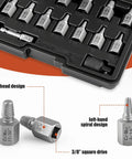 Fifteen Piece Screw Extractor Set With Three Eighths Inch Hex Drive Direct Wrench Ready No Socket Needed Easy Out Bolt Remover Kit For Stripped Damaged Screws Bolts And Nuts Multi Spline Design in plastic case with close-up of a piece showing hex head and spiral design.