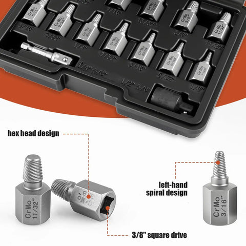 Fifteen Piece Screw Extractor Set With Three Eighths Inch Hex Drive Direct Wrench Ready No Socket Needed Easy Out Bolt Remover Kit For Stripped Damaged Screws Bolts And Nuts Multi Spline Design in plastic case with close-up of a piece showing hex head and spiral design.