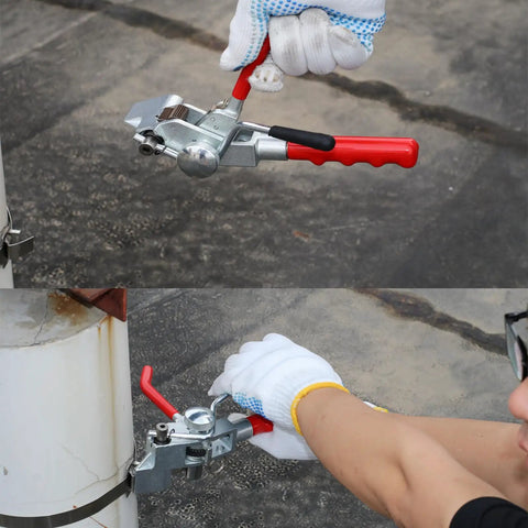 Heavy Duty Steel Banding Strapping Kit With Integrated Ratcheting Tensioner Cutter For Pallet Packing includes tensioner in use.