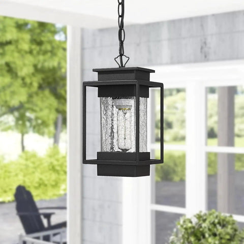 Outdoor Indoor Pendant Light For Front Porch And Entryway, 11.4 Inch Dope Modern Exterior Ceiling Chandelier, Weatherproof Aluminum With Crack Glass Shade, Ideal For Foyer, Patio Or Garage